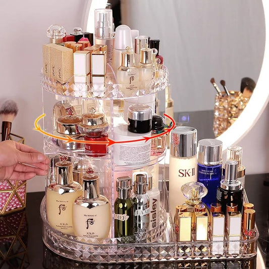 360° Rotating Makeup Organizer Stand with Cosmetic Holder Tray